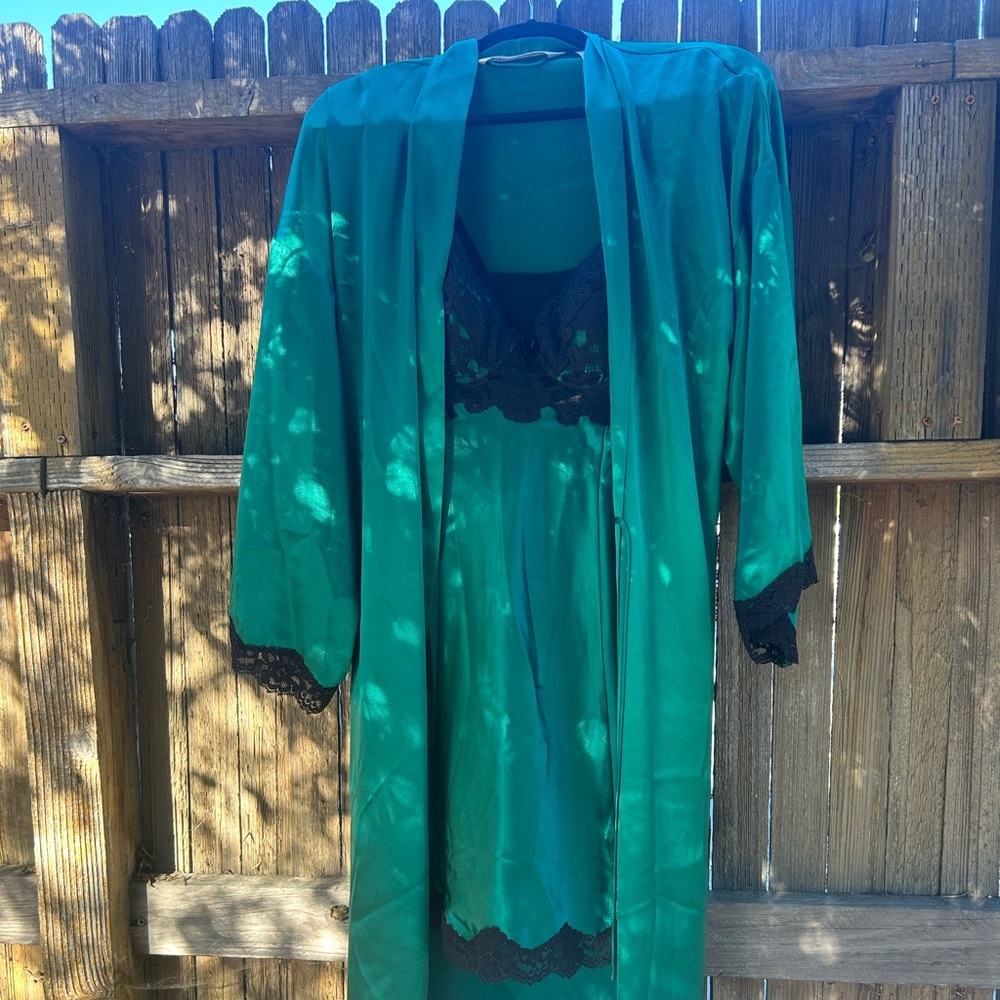 Victoria's Secret Green Satin Robe & Chemise with Black Lace